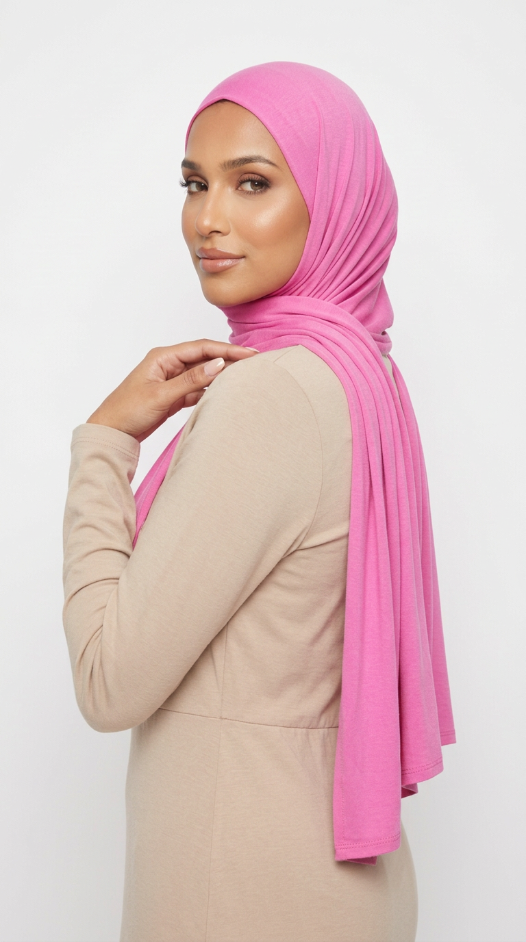 Woman wearing the Rose Pink Big Jersey Hijab with a beige top