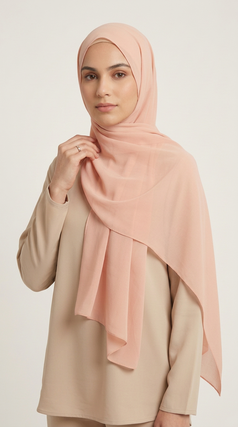 Model wearing the Peach Premium Chiffon Hijab, alternate styling view