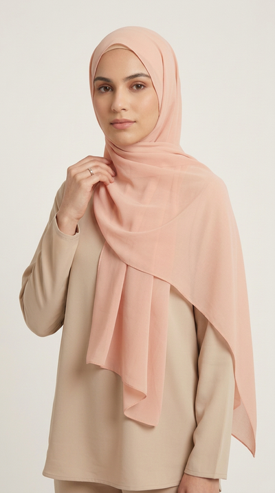 Model wearing the Peach Premium Chiffon Hijab, alternate styling view