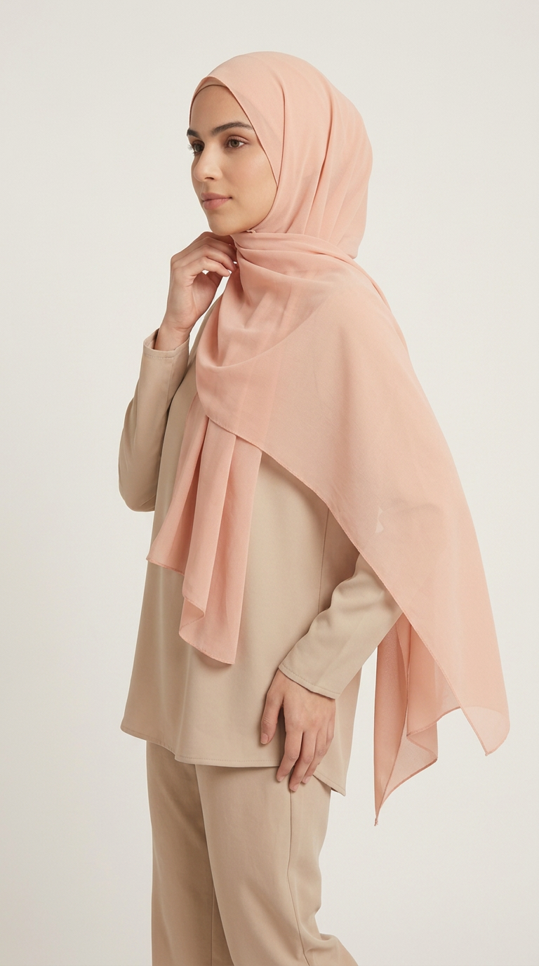 Model wearing the Peach Premium Chiffon Hijab, angled view