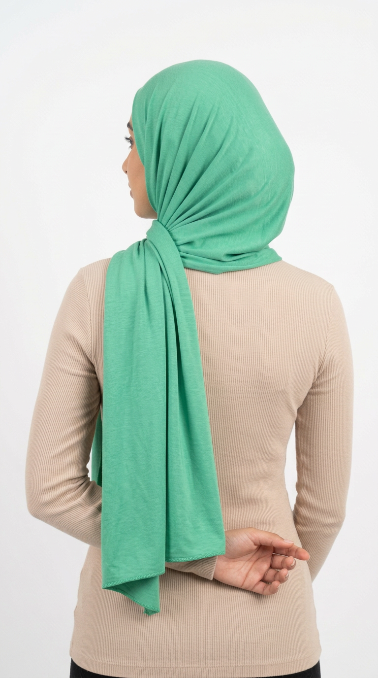 Model wearing a mint green Premium Jersey Hijab, back view