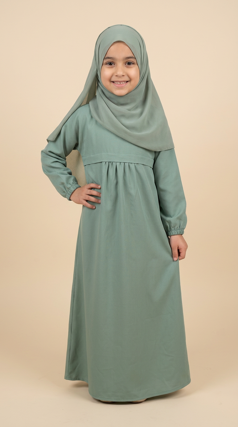 Teal girls' abaya showing practical front pocket styling.