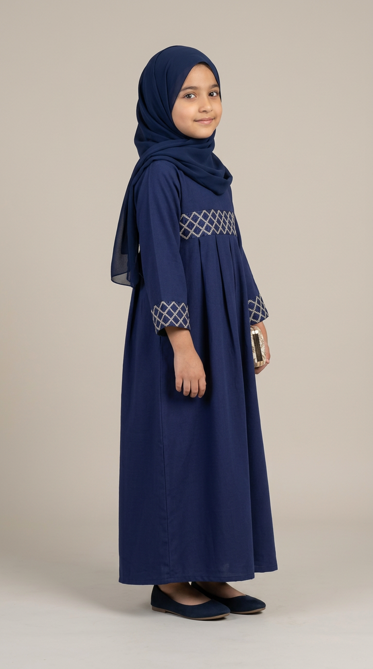 A young girl wearing a navy blue long dress with geometric embroidered details on the chest and cuffs, paired with a matching navy blue hijab and dark flats, standing against a neutral beige background.