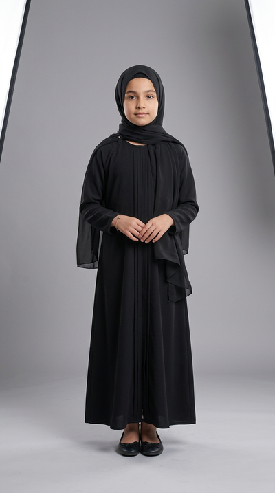 A woman wearing a black abaya with a matching sheer draped overlay and a black hijab, standing against a gray studio background.