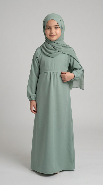 Girl modeling a teal Daughter Front Pocket Abaya.