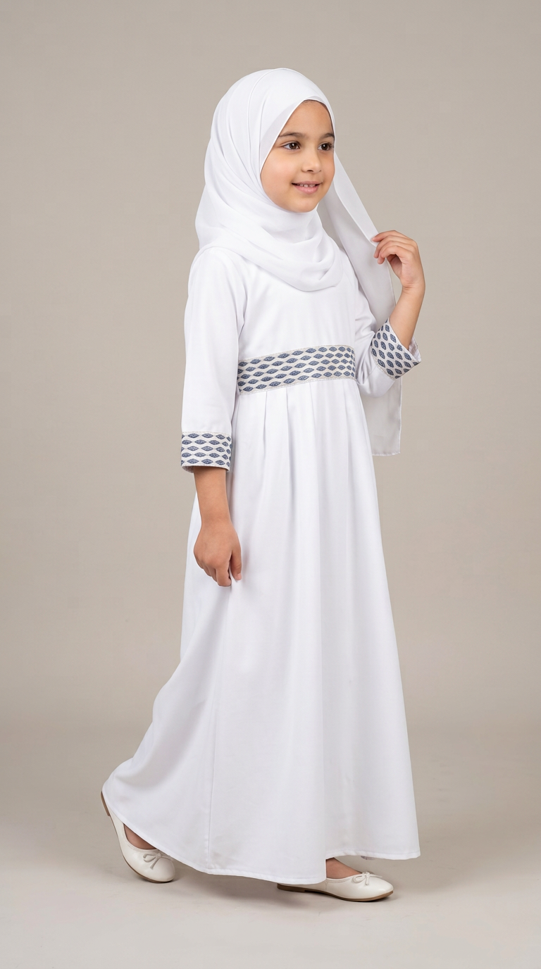 A young girl wearing a white long dress with a patterned waistband and cuffs, a matching white hijab, and white shoes, standing against a neutral beige studio background.