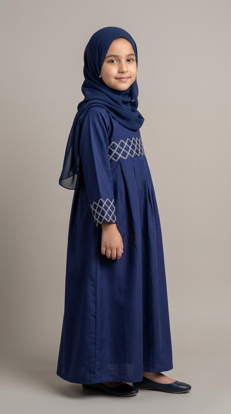 A young girl wearing a navy blue modest dress with a matching hijab, featuring white geometric embroidery on the chest and cuffs, standing against a solid gray studio background.