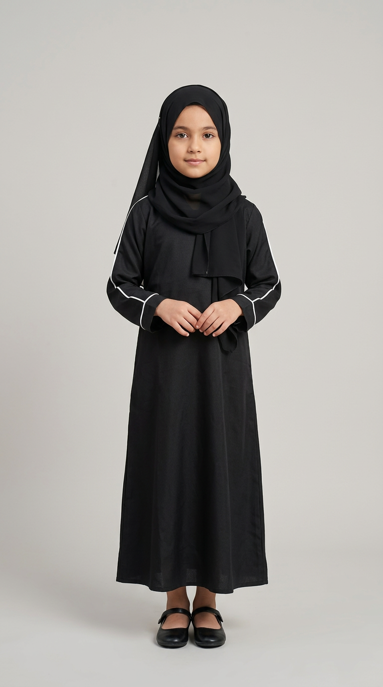 A young girl wearing a long black abaya dress with white piping details on the sleeves, a black hijab, and black flat shoes, standing against a neutral light gray studio background.