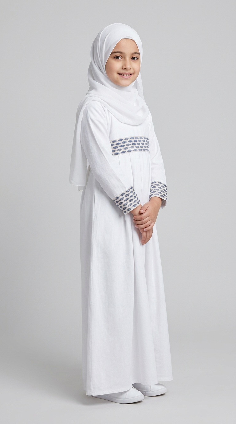 A young girl wearing a white abaya dress with blue patterned trim on the chest and cuffs, paired with a matching white hijab, standing against a light gray studio background.
