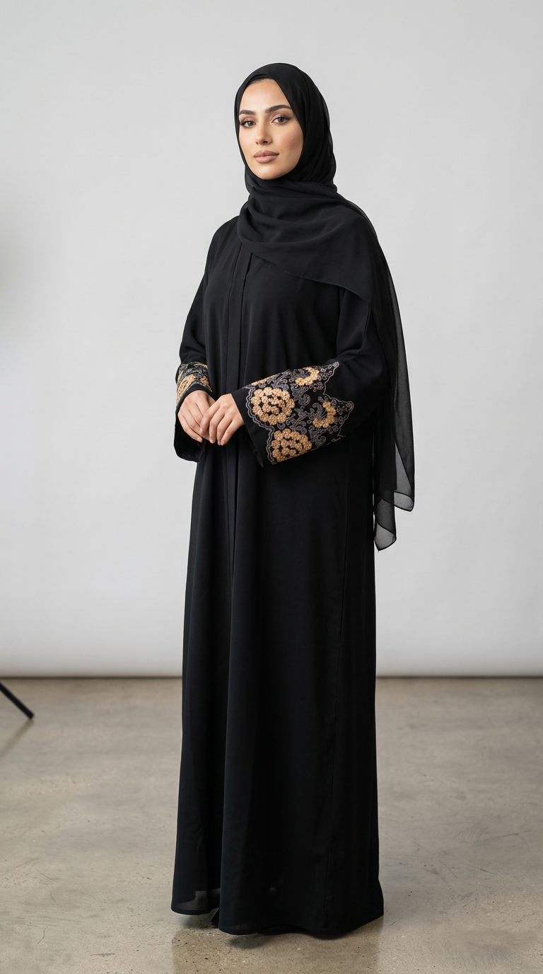 A woman wearing a long black abaya with intricate gold and brown floral embroidery on the sleeves, paired with a matching black hijab, standing in a minimalist studio setting.