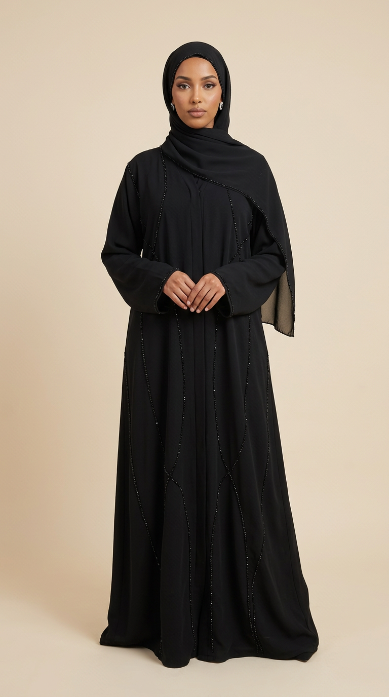 A woman wearing a long black abaya with a matching hijab, standing against a solid beige studio background.