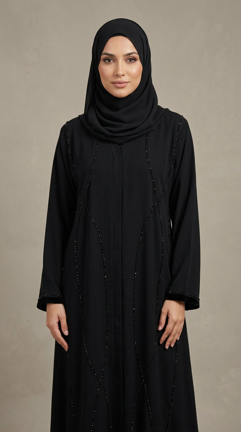A woman wearing a black abaya with subtle vertical bead embellishments and a matching black hijab, standing against a neutral textured beige studio background.