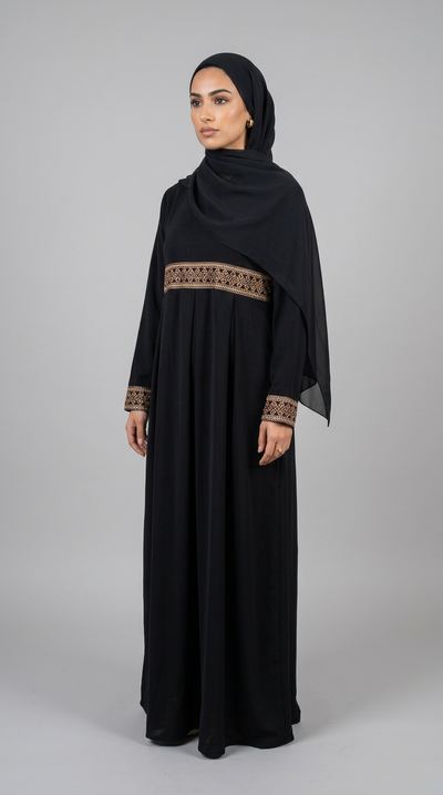 A woman modeling a black abaya with a matching hijab, featuring a decorative brown embroidered band at the waist and matching embroidery on the cuffs, set against a plain gray studio background.