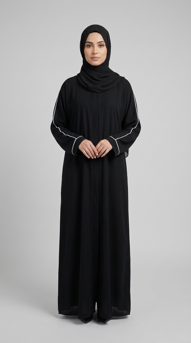 A woman wearing a black abaya with white stripe details on the sleeves and a black hijab, standing against a neutral gray studio background.