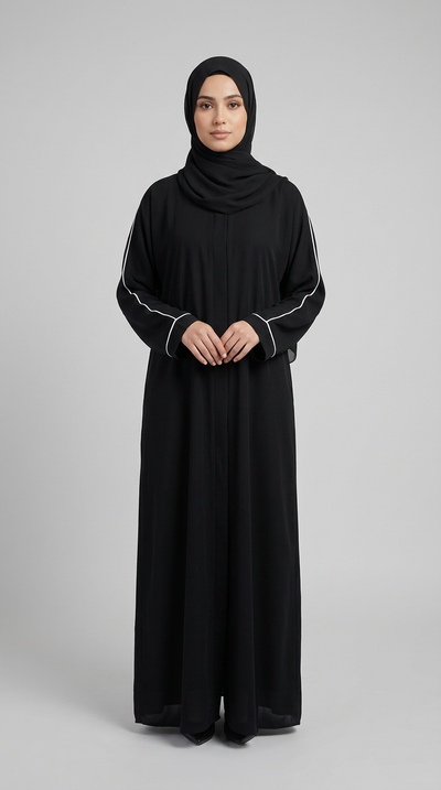 A woman wearing a black abaya with white stripe details on the sleeves and a black hijab, standing against a neutral gray studio background.