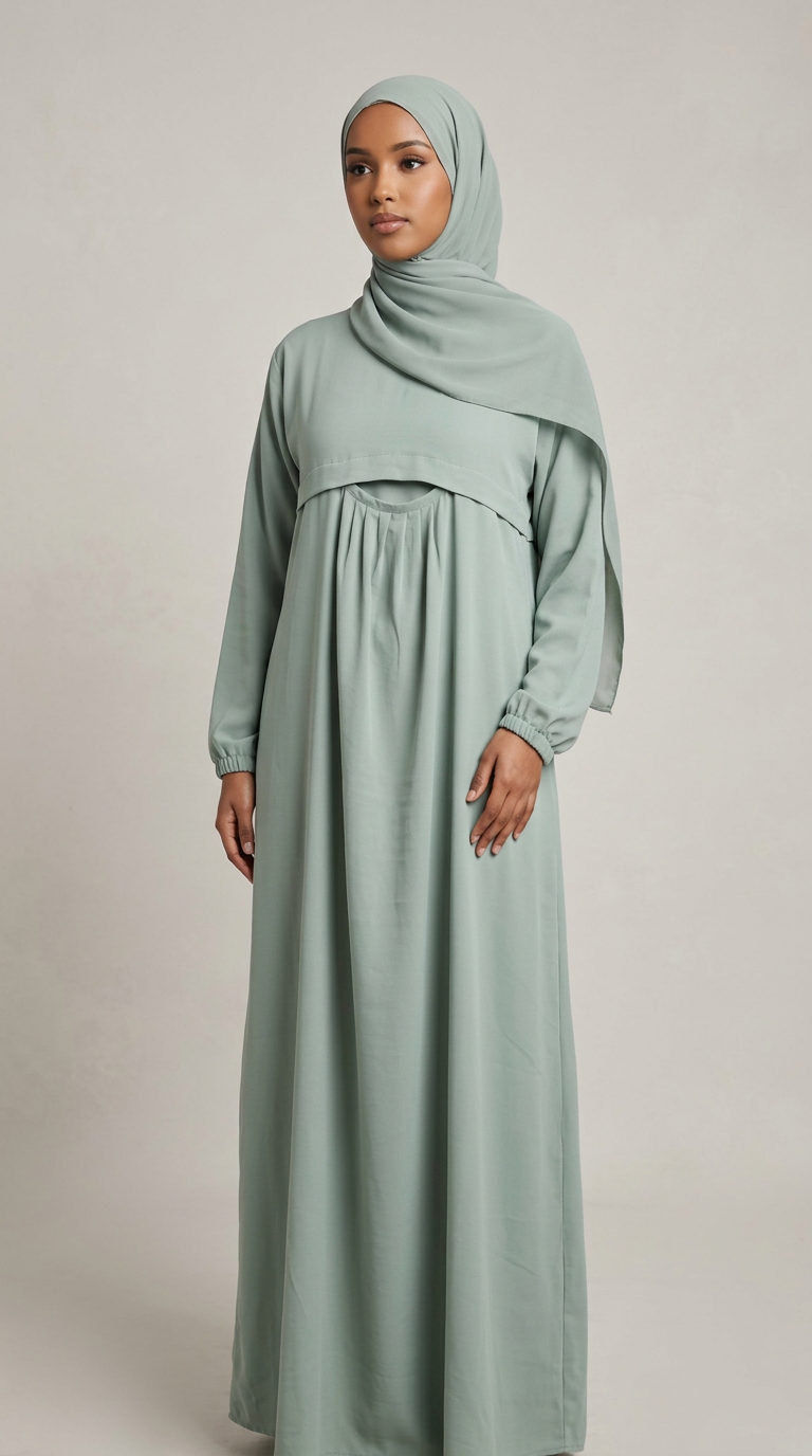 A woman wearing a long-sleeved sage green hijab and matching modest maxi dress, standing against a neutral light gray studio background.