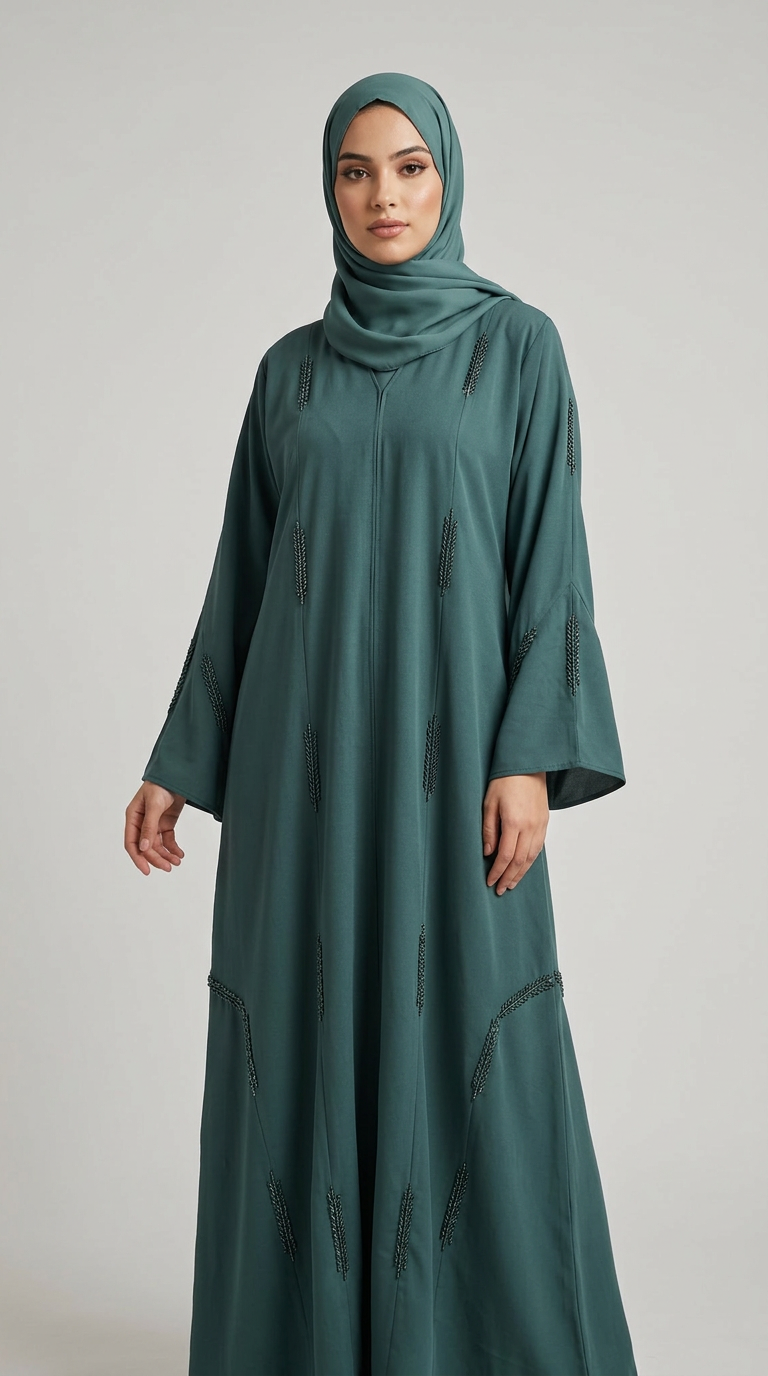A woman wearing a long teal-green abaya with dark embroidered details and a matching hijab, standing against a plain light gray studio background.