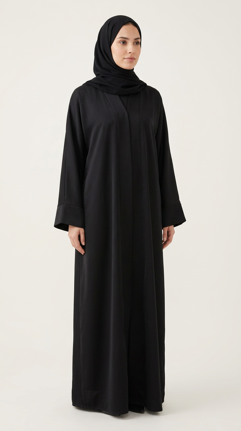 A woman wearing a long black abaya and matching black hijab, standing against a plain light beige studio background.