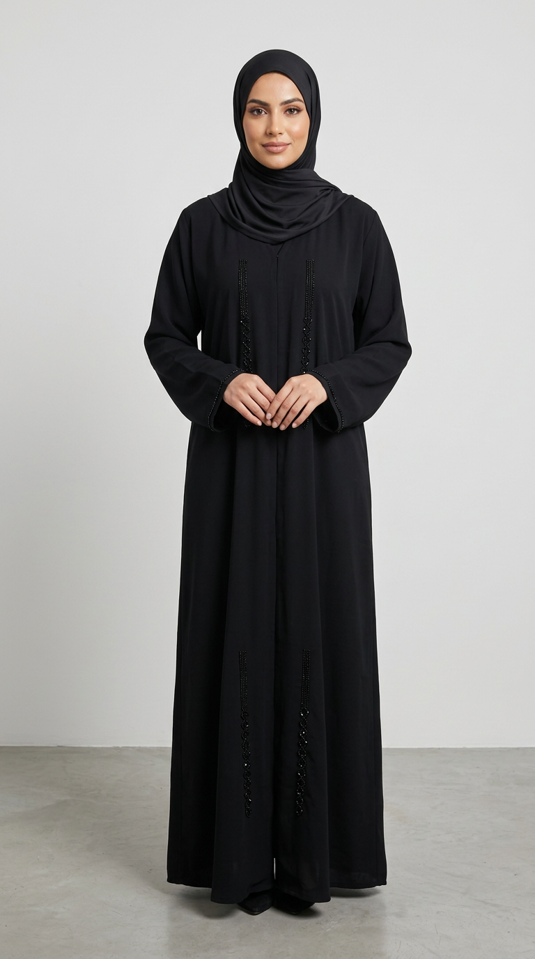 A woman wearing a long black abaya with a matching black hijab, standing against a neutral light gray studio background.
