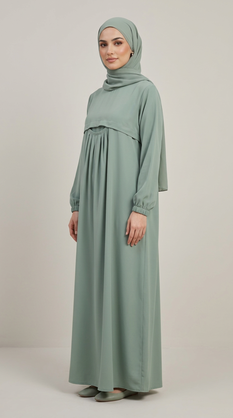 A woman modeling a sage green long-sleeved maxi abaya with a matching hijab, standing against a neutral light gray studio background.