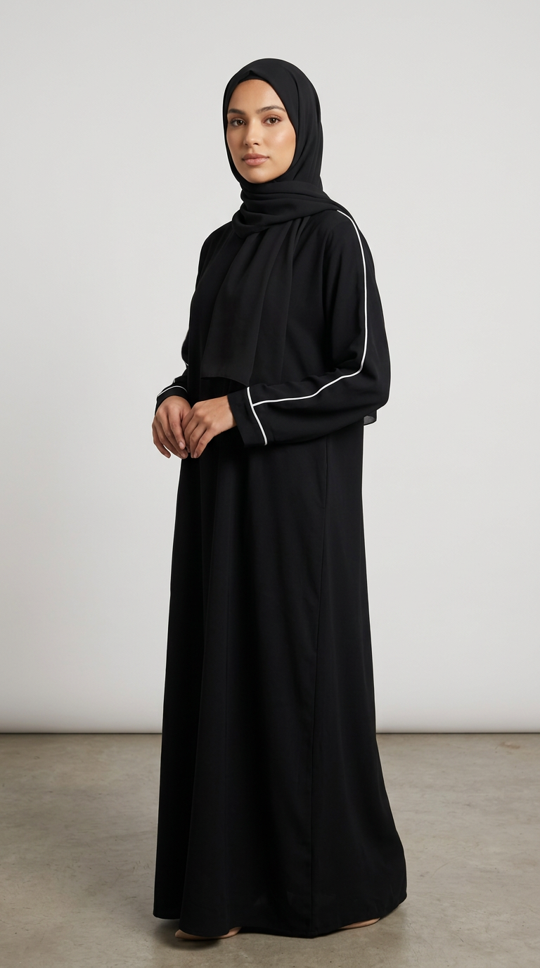 A woman wearing a black long-sleeve abaya with white piping details on the sleeves and a matching black hijab, standing against a plain light gray studio background.
