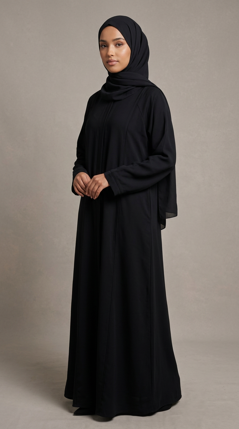 A woman wearing a long-sleeved black abaya and matching black hijab, standing against a neutral gray studio background.
