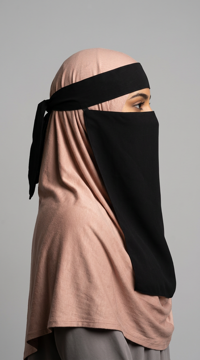 Black Easy Band Niqab 02, side view showing the ties