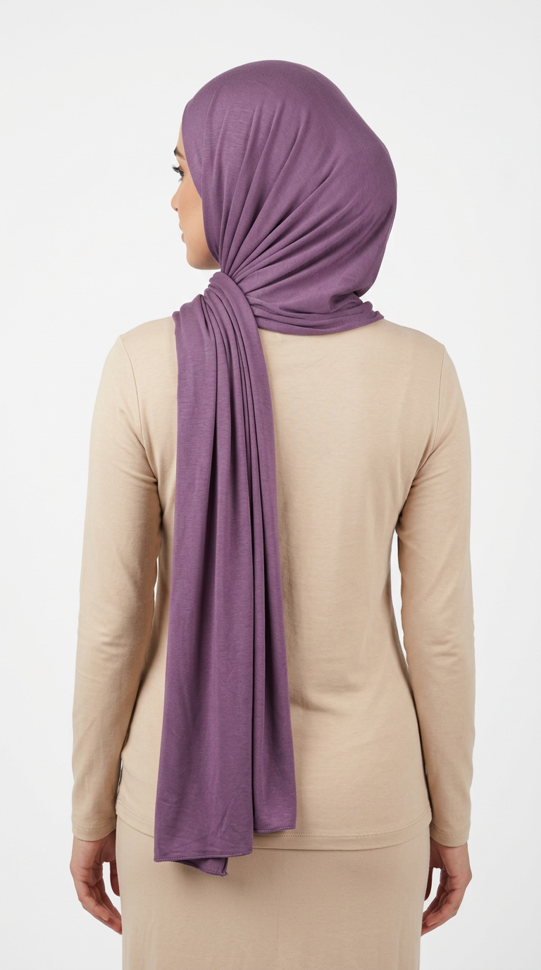 Model wearing a violet Premium Jersey Hijab, back view