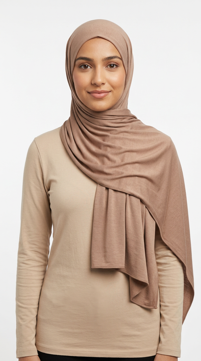 Model wearing a camel brown Premium Jersey Hijab