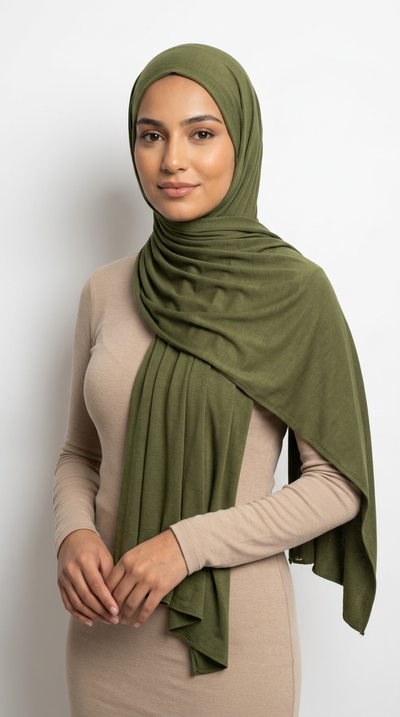 Model wearing a olive green Premium Jersey Hijab