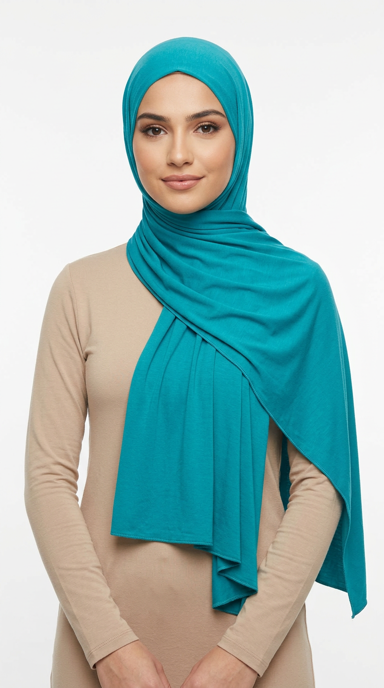 Model wearing a teal Premium Jersey Hijab