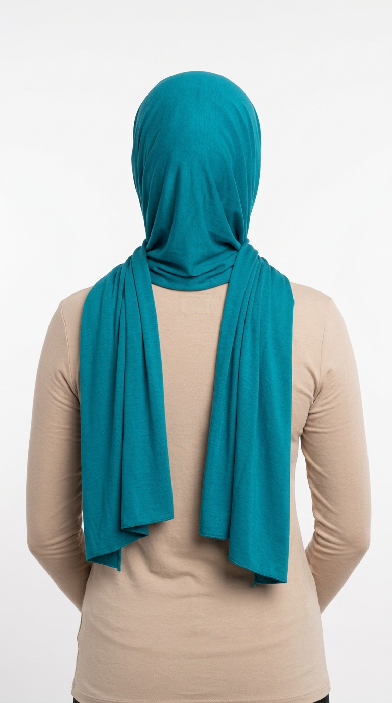 Model wearing a teal Premium Jersey Hijab, back view