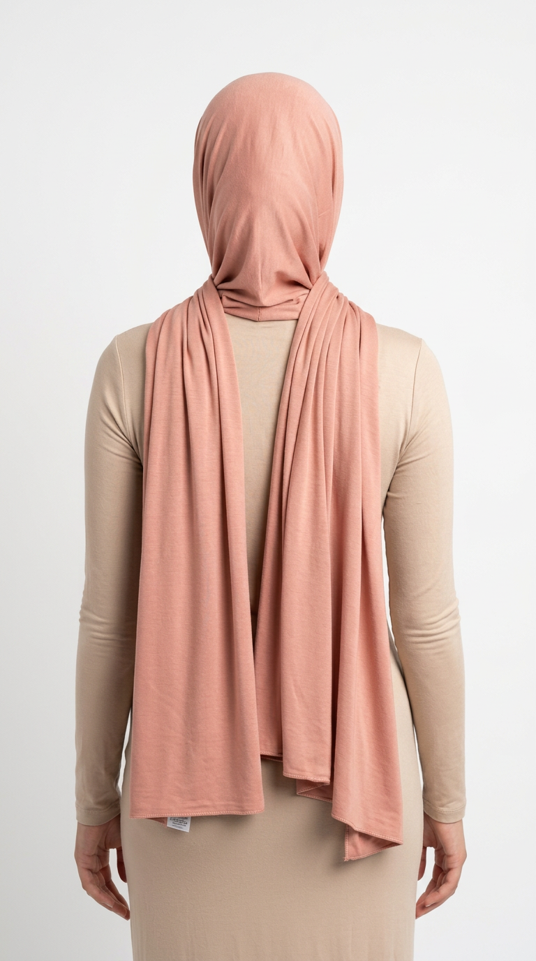 Model wearing a nude pink Premium Jersey Hijab, back view