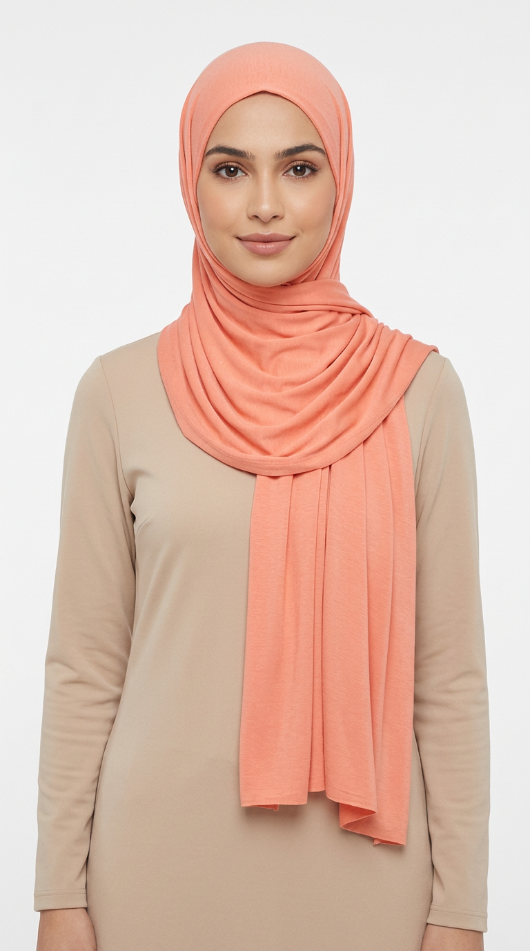 Model wearing a peach Premium Jersey Hijab