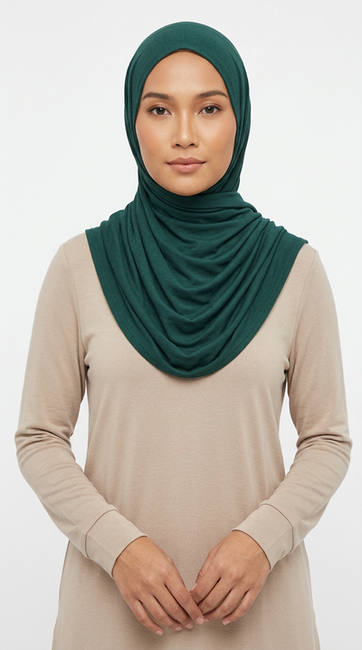 Model wearing a dark teal Premium Jersey Hijab