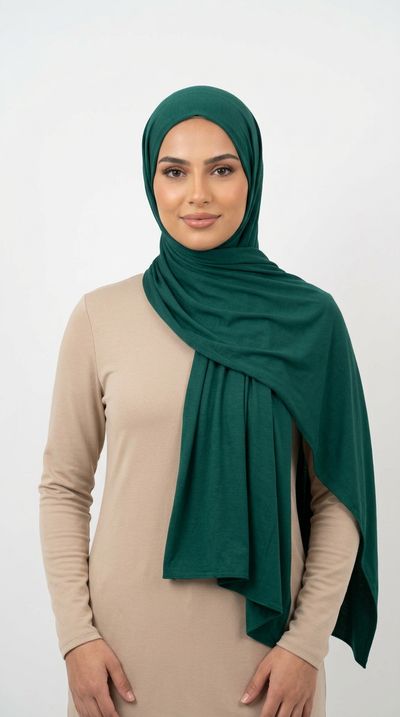 Model wearing a dark teal Premium Jersey Hijab