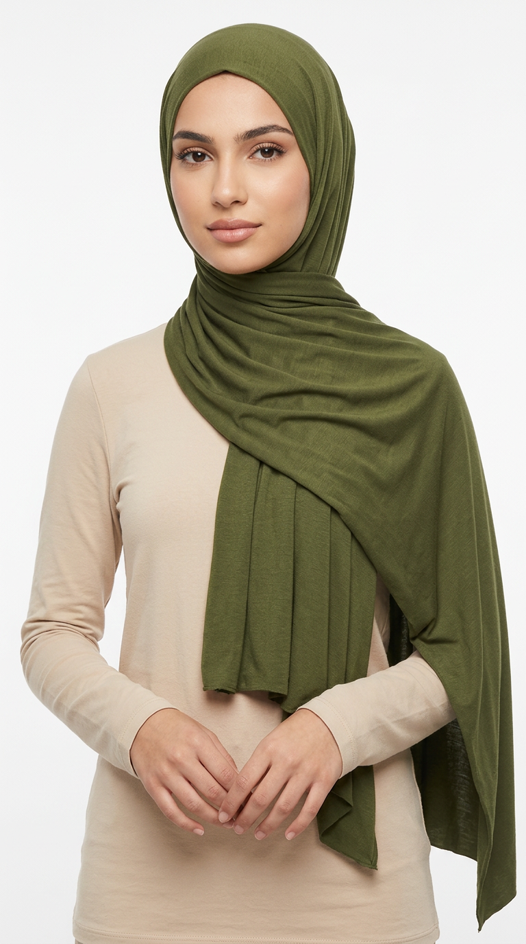 Model wearing a olive green Premium Jersey Hijab