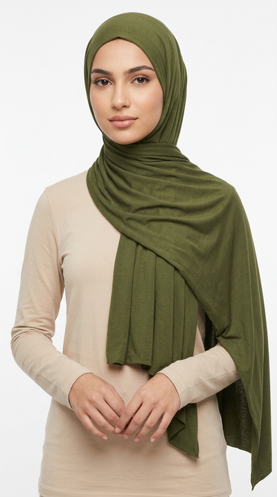 Model wearing a olive green Premium Jersey Hijab