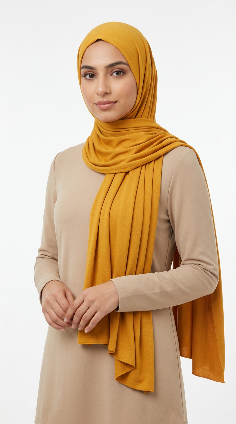 Model wearing a mustard yellow Premium Jersey Hijab