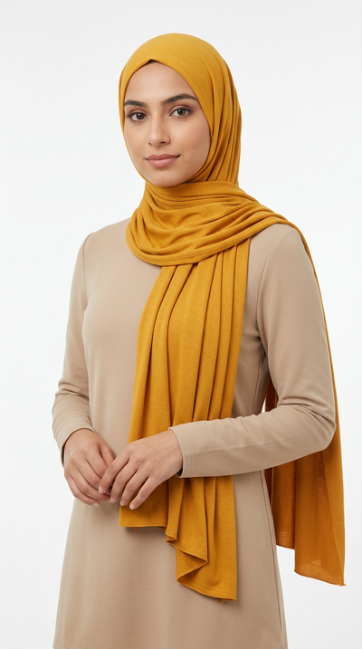 Model wearing a mustard yellow Premium Jersey Hijab