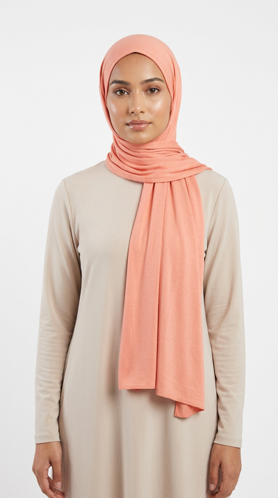 Model wearing a peach Premium Jersey Hijab