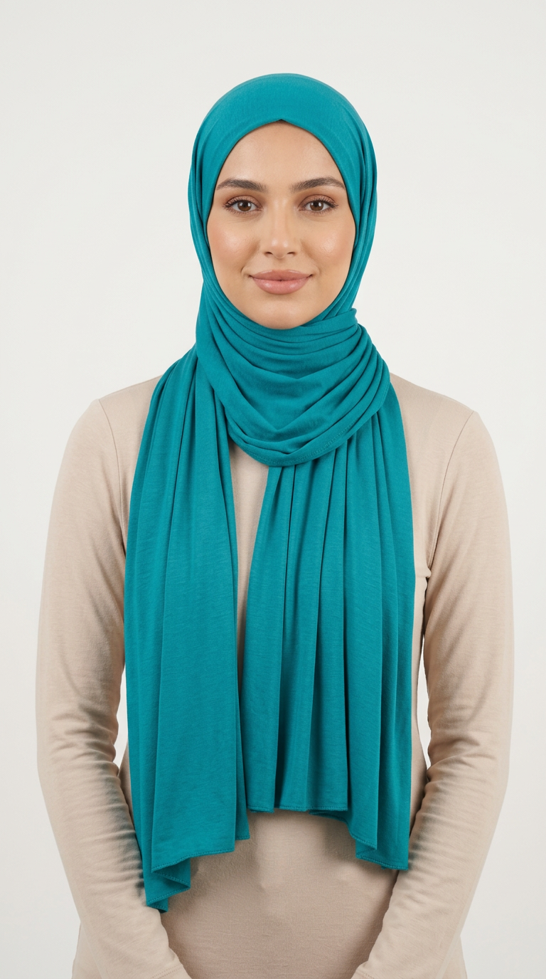 Model wearing a teal Premium Jersey Hijab