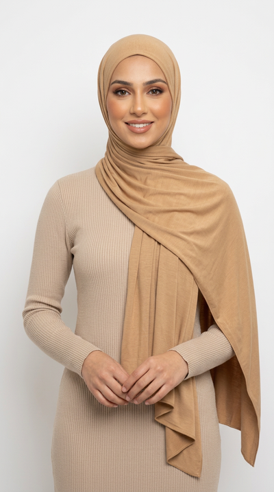 Model wearing a sand Premium Jersey Hijab