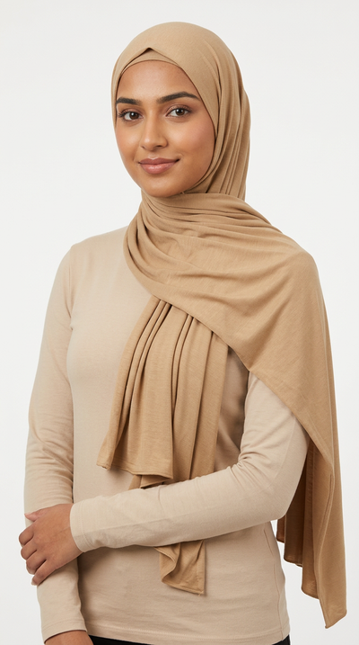 Model wearing a sand Premium Jersey Hijab