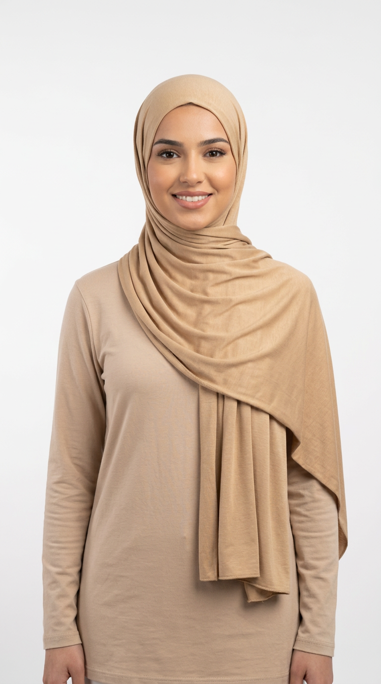 Model wearing a sand Premium Jersey Hijab