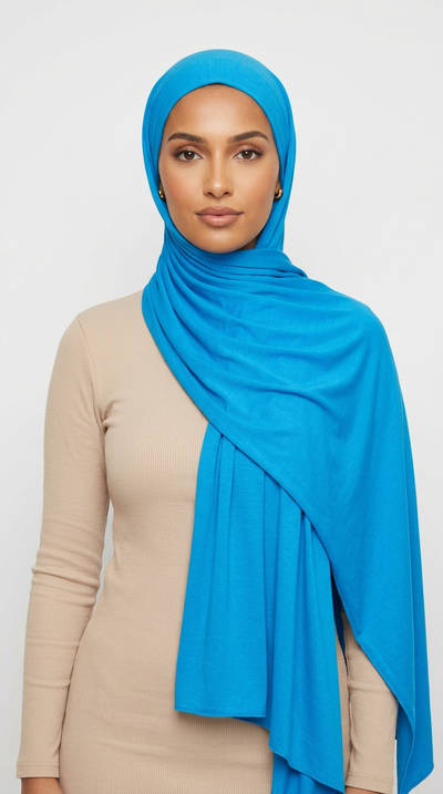 Model wearing a blue Premium Jersey Hijab