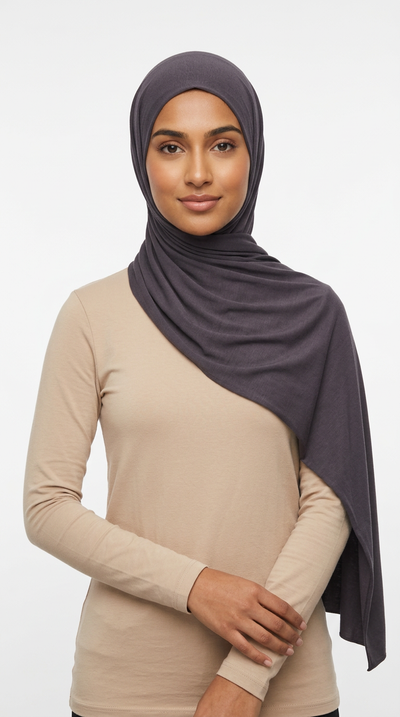 Model wearing a charcoal gray Premium Jersey Hijab