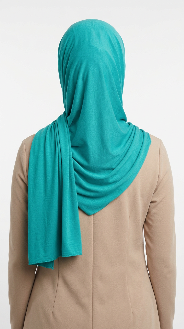 Model wearing a turquoise Premium Jersey Hijab, back view
