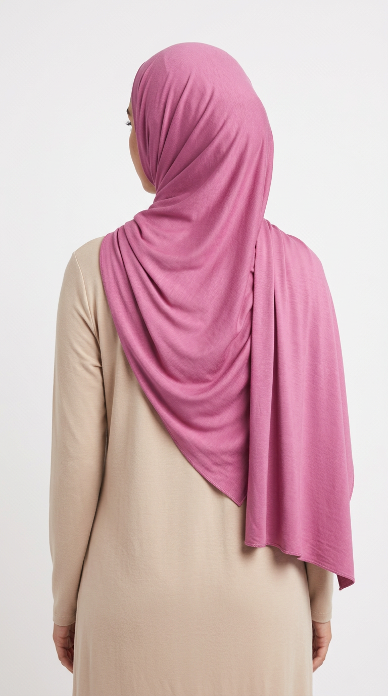 Model wearing a pink Premium Jersey Hijab, back view