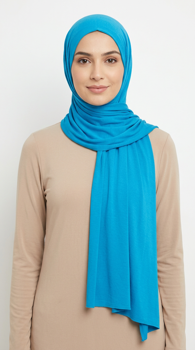 Model wearing a blue Premium Jersey Hijab